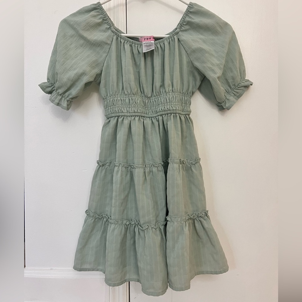 Paper Doll Mint Sage Tiered Puff-Sleeve Dress
